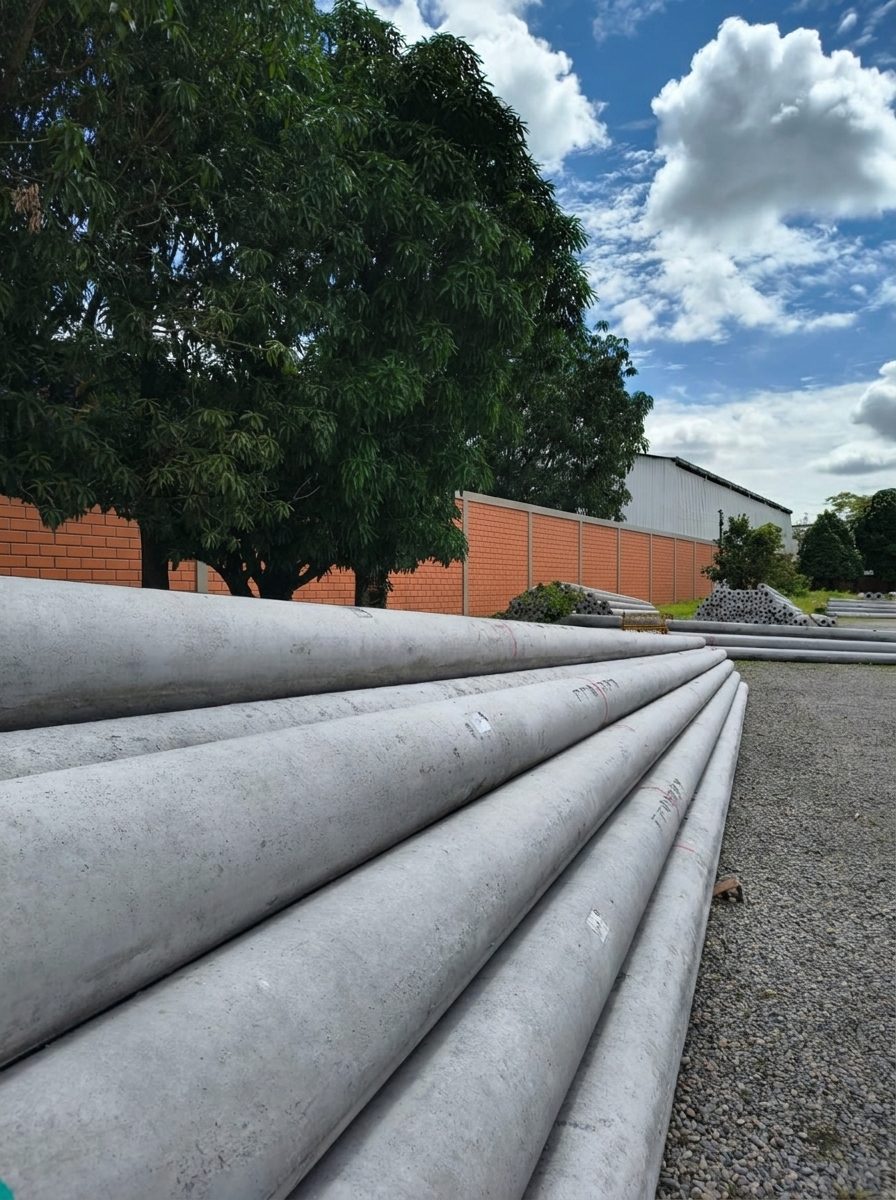 Postes de concreto centrifugado en patio de curado — fabricante de postes eléctricos Colombia
